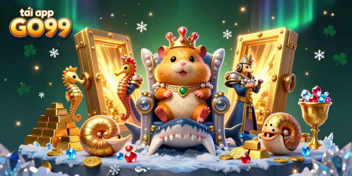 Engage in gambling action and excitement by tải app GO99, alongside a hamster king in a treasure scene.