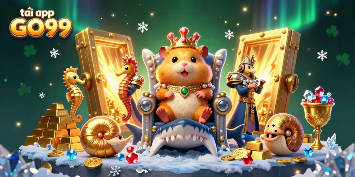 Engage in gambling action and excitement by tải app GO99, alongside a hamster king in a treasure scene.