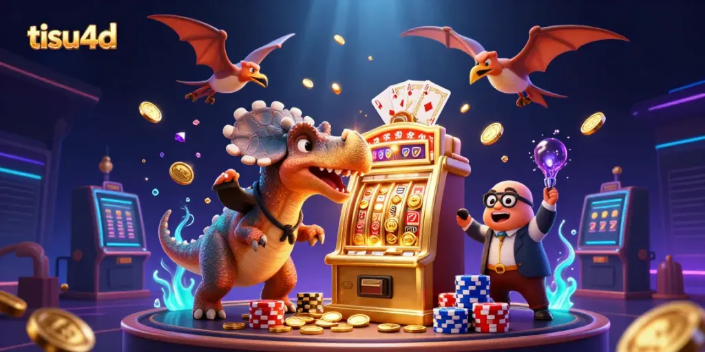 Menang jackpot dengan tisu4d saat pterosaurus menangkap koin emas yang meluncur dari mesin slot.