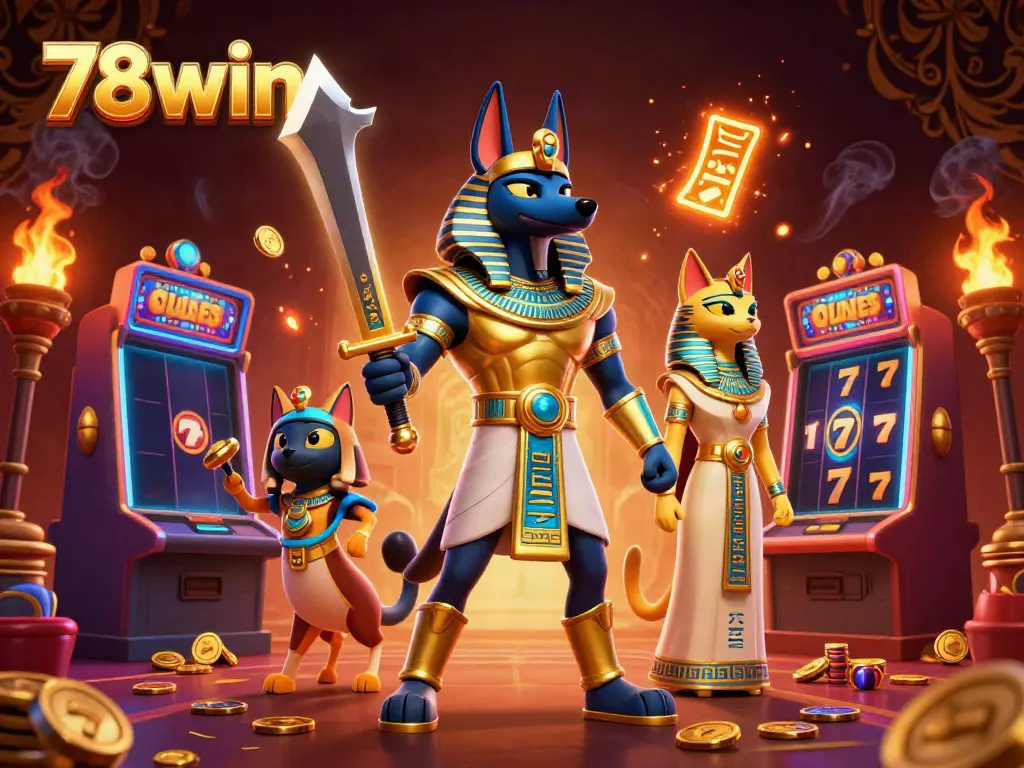 Experience the thrilling world of 78win with Anubis and Bastet in a vibrant 3D casino.