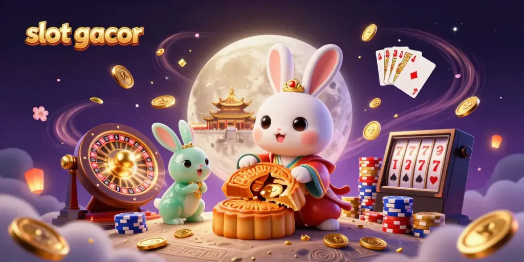 Experience the thrill of slot gacor with a captivating illustration of a moon rabbit revealing treasures.