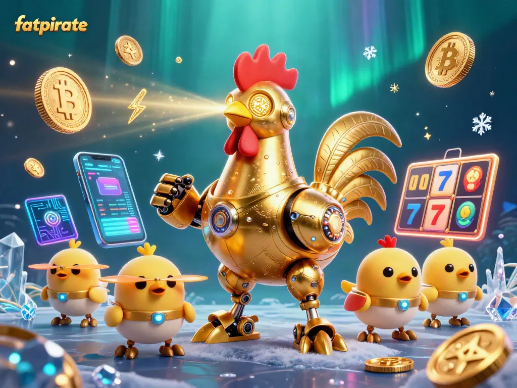 Engage with fatpirate's vibrant gaming world featuring a futuristic golden rooster amidst digital coins and slot reels.