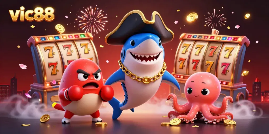 Experience vic88's thrilling jackpots with a pirate shark and friends celebrating around vibrant slot reels and confetti.