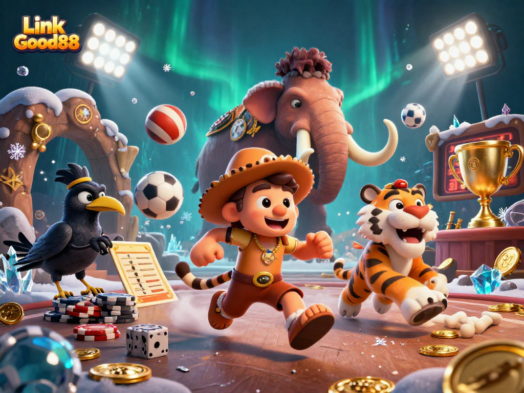Experience the thrill of Link Good88 with cartoon characters in a dynamic casino scene.