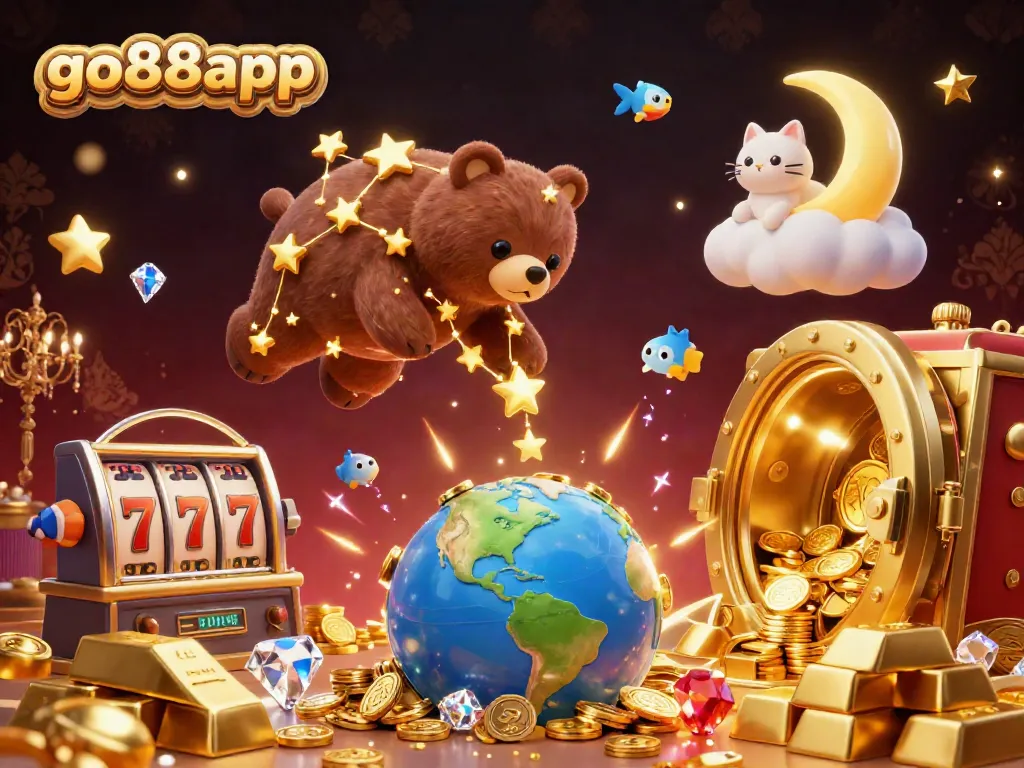 The constellation bear character represents the go88app casino scene exploring slots, surrounded by treasure and gems.