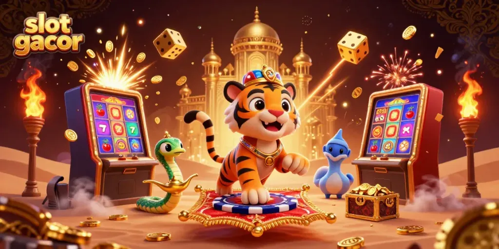 Engage in the exciting world of slot gacor, featuring a colorful scene with a tiger sultan, golden jackpots, and festive elements.