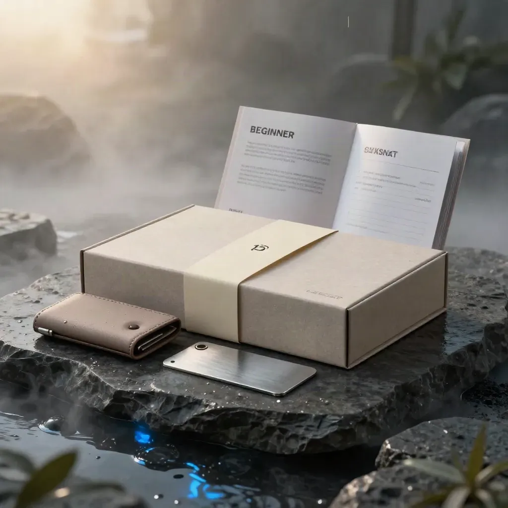 Crypto-starterkit met gids, sleeves en metalen recovery plate op natte steen in mistig licht
