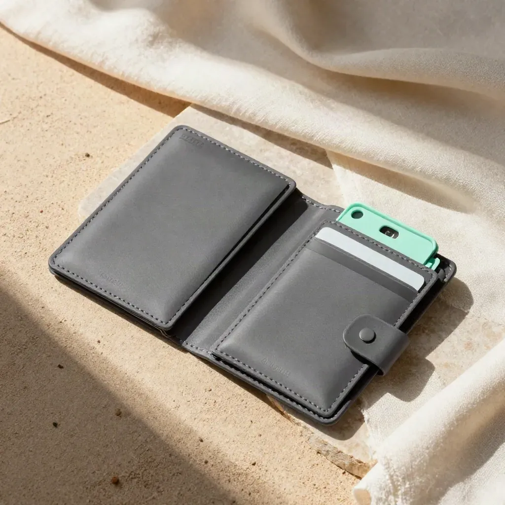 Overhead flatlay van een crypto-walletgids met case en herstelkaart in zachte crème stof.