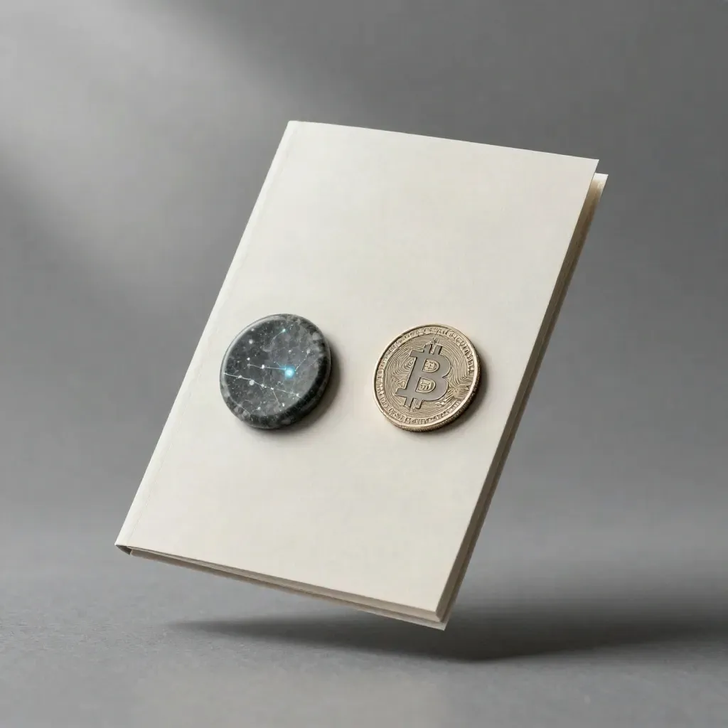 Zwevende bitcoin-gids met steen token en metalen munt in zacht blauwgrijs licht.