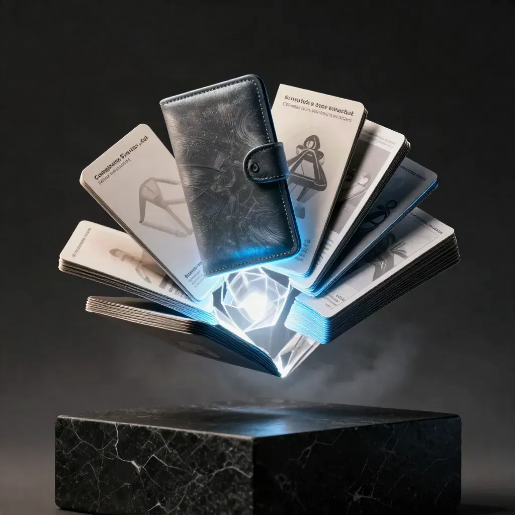 Crypto-startersset met boekje, wallet, pouch en kaarten rond een blauw oplichtende kern.