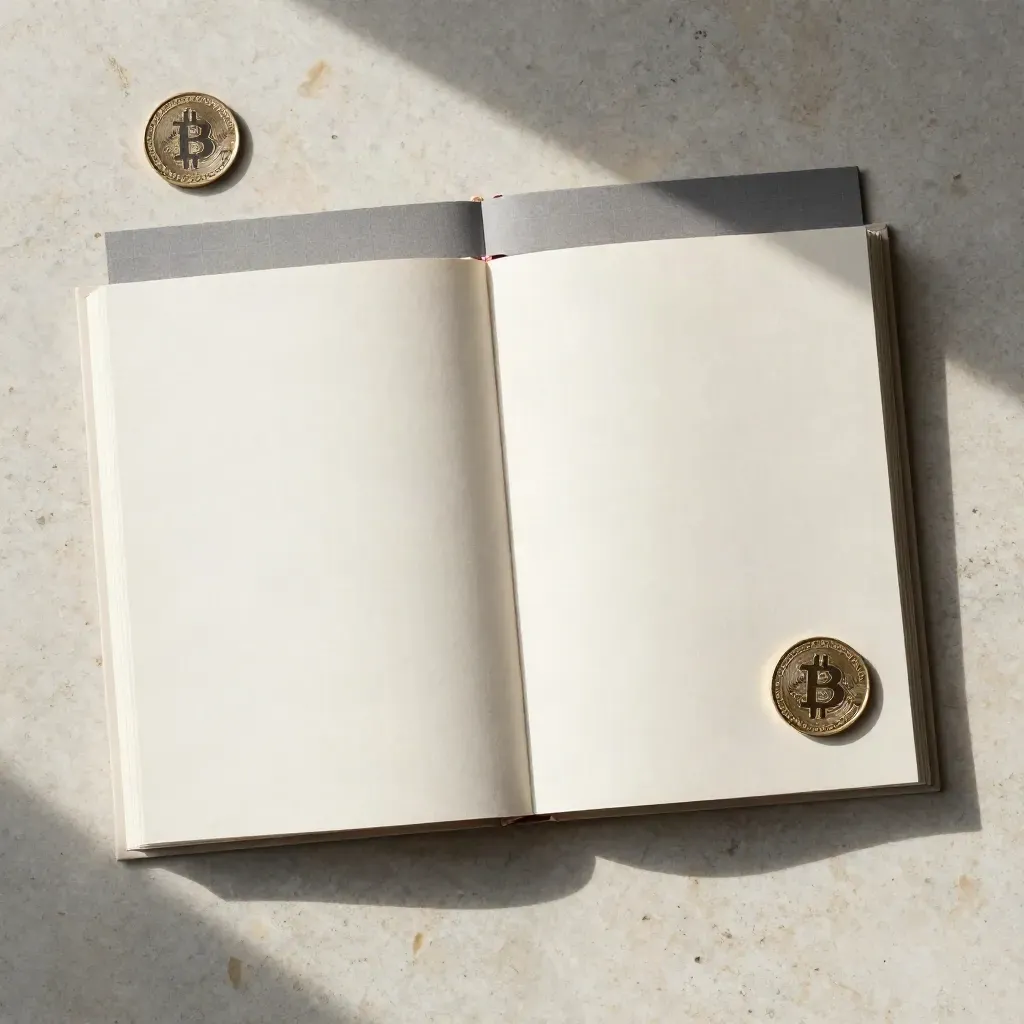 Plat van boven: Bitcoin Basics eBook met hoes en muntje op travertin, zacht licht van links.