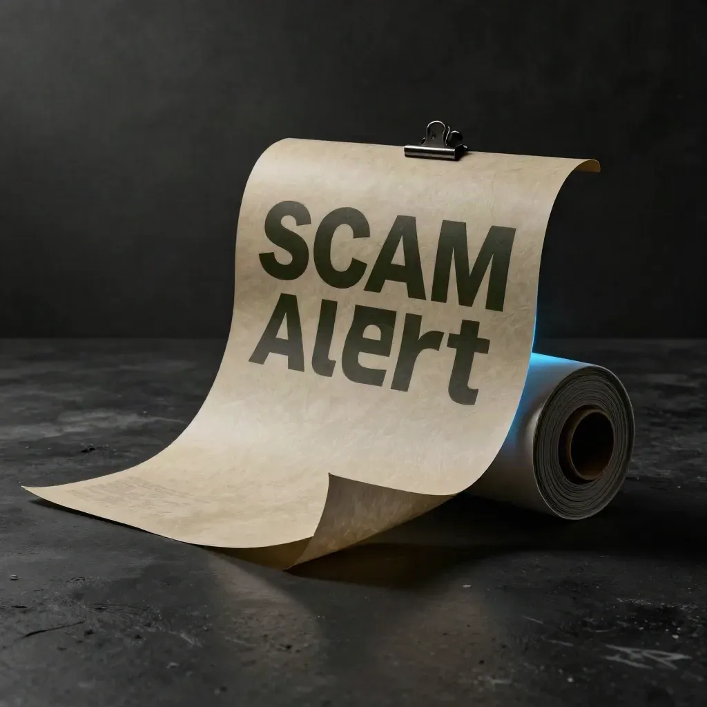 Rol poster voor scam-alert met deels uitgerolde A4-sheet en donkere clip in een donkere studio.