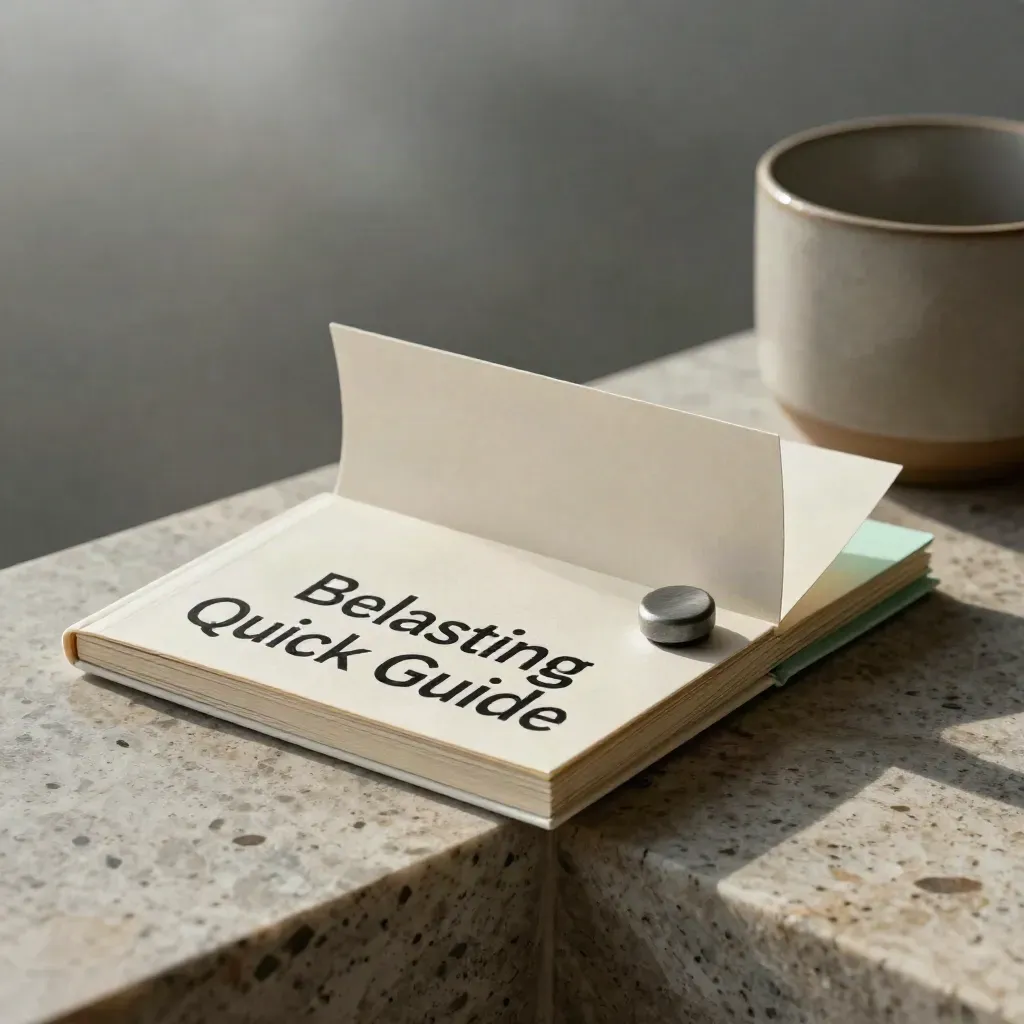 Compact Belasting Quick Guide-bundel op steen met tabblad en gewicht, in zacht ochtendlicht.