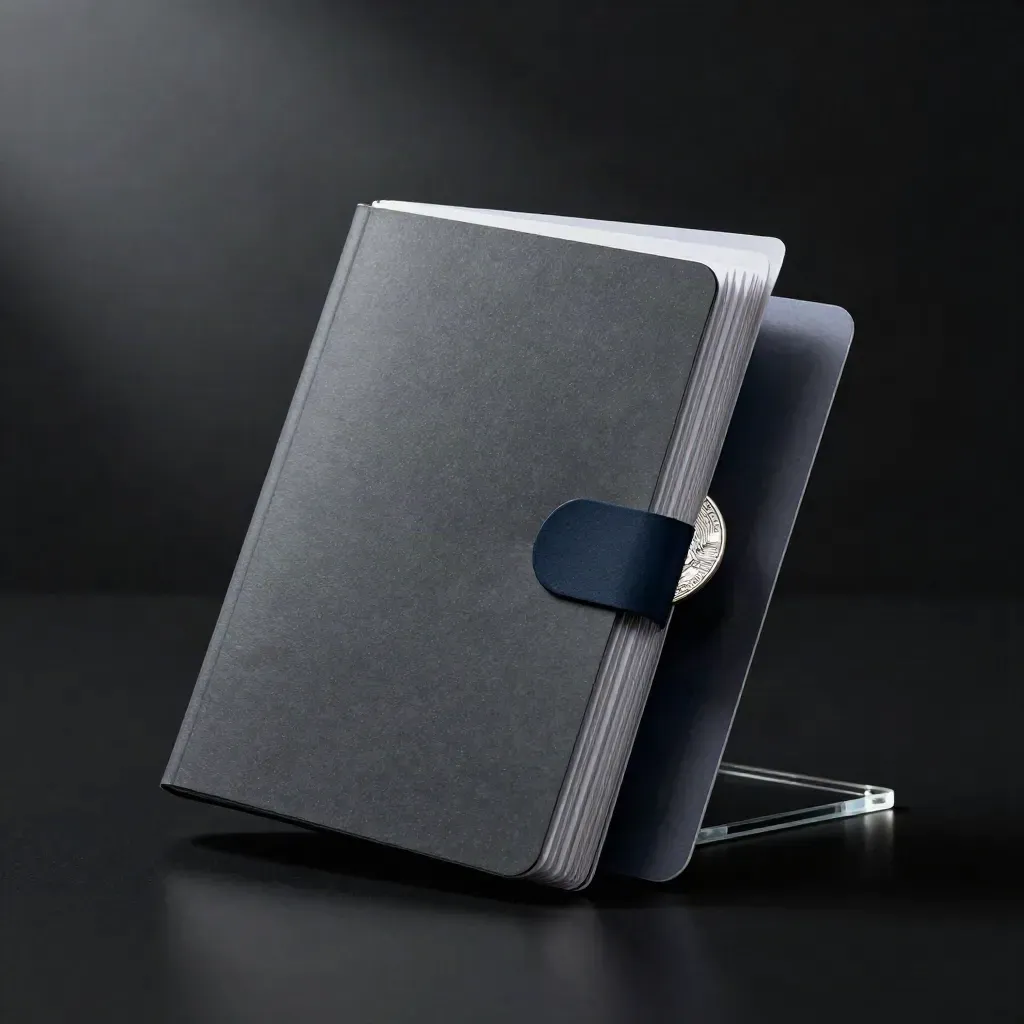 Compact crypto-bundel met sleeve, tab en reflecterend token op donkere studioachtergrond.