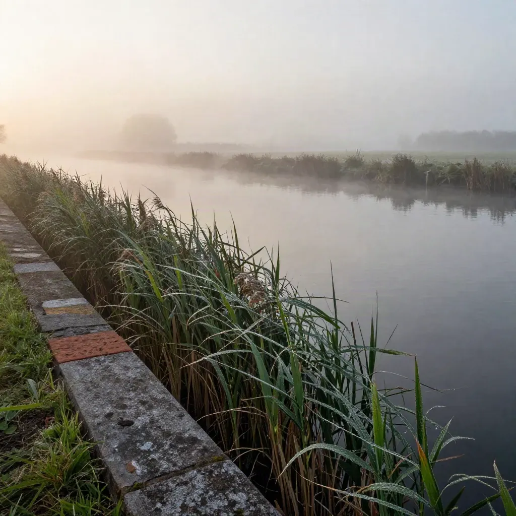 Mistige gracht bij zonsopgang met riet, stenen rand en spiegelend water