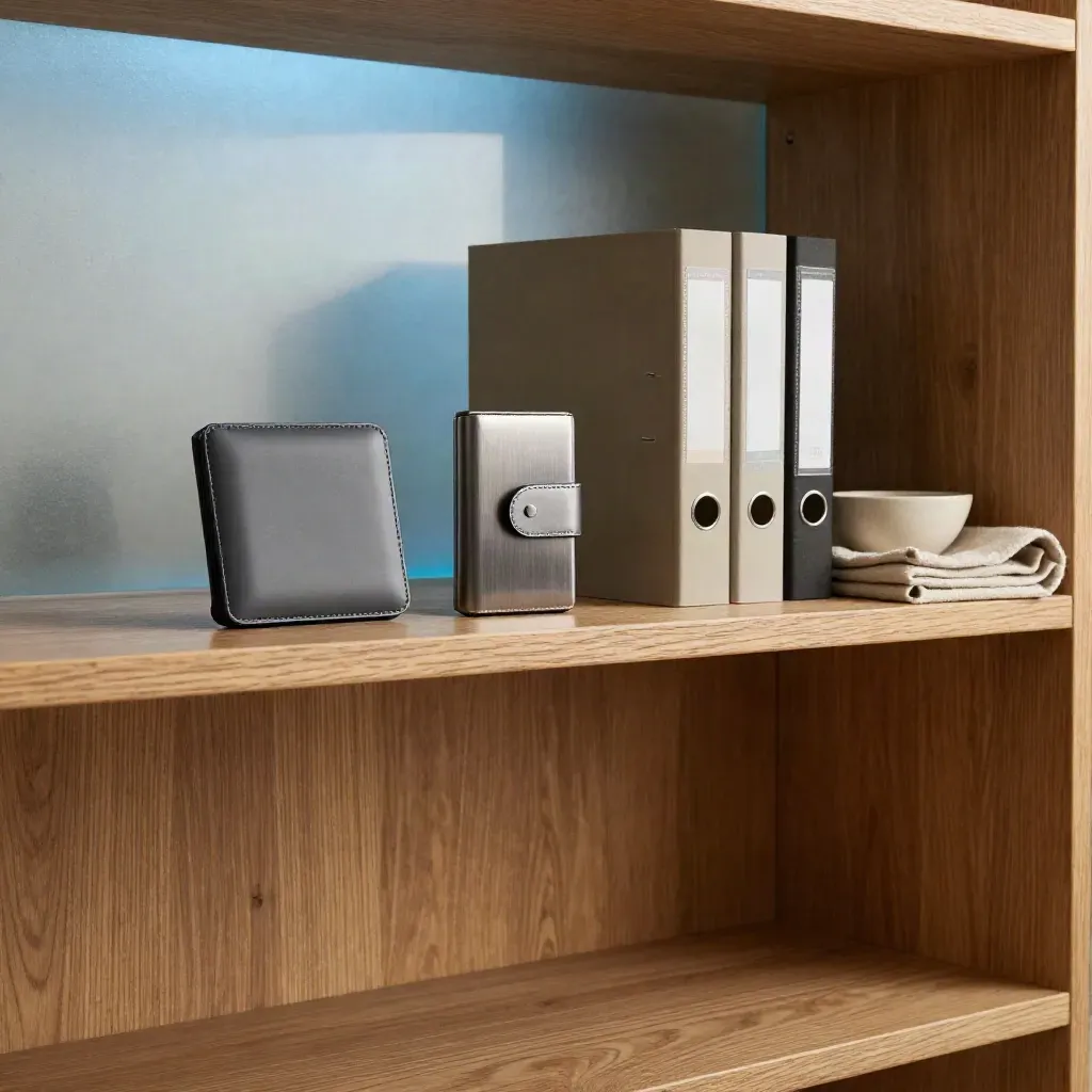 Pale eiken plank met hardware wallet, frosted glas en rustige ruimte voor kopij.