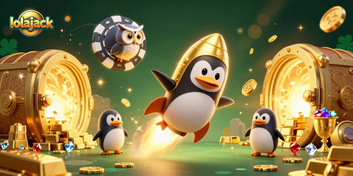 Experience excitement with lolajack as a golden penguin races towards a casino, surrounded by treasures.