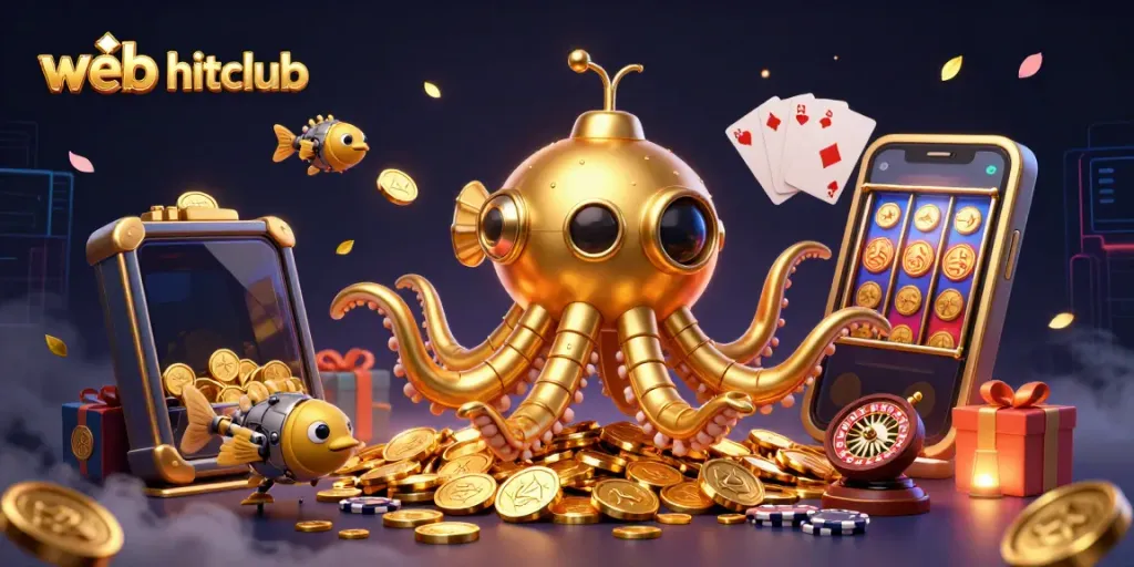 Win big with web hitclub's vibrant casino scene featuring a kraken submarine, coins, and slot games.