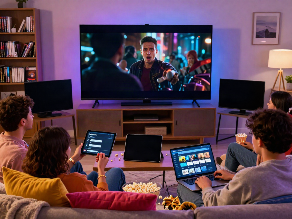 Friends enjoying movie night with https://pickashowapk.com/ on devices in cozy living room