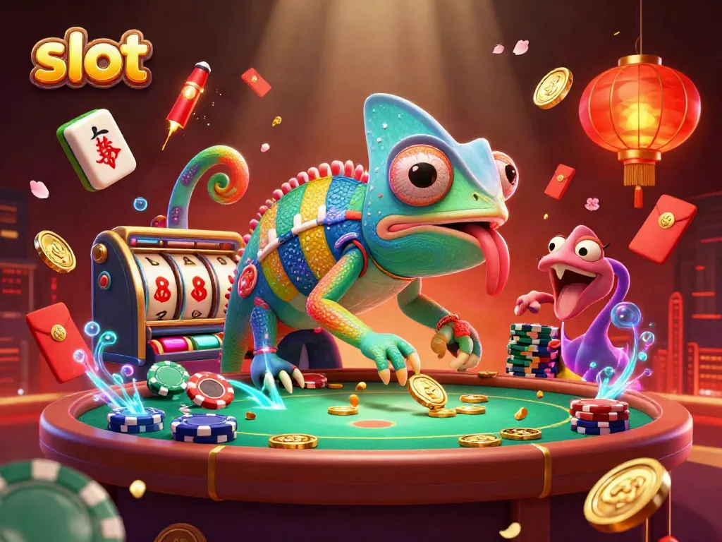 Experience thrilling slot gameplay with a colorful chameleon casino mascot surrounded by vibrant casino elements.