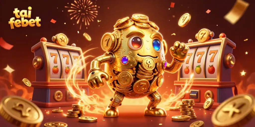 Create winning moments at tai febet with an energetic scene featuring a golden golem and vibrant slot symbols.