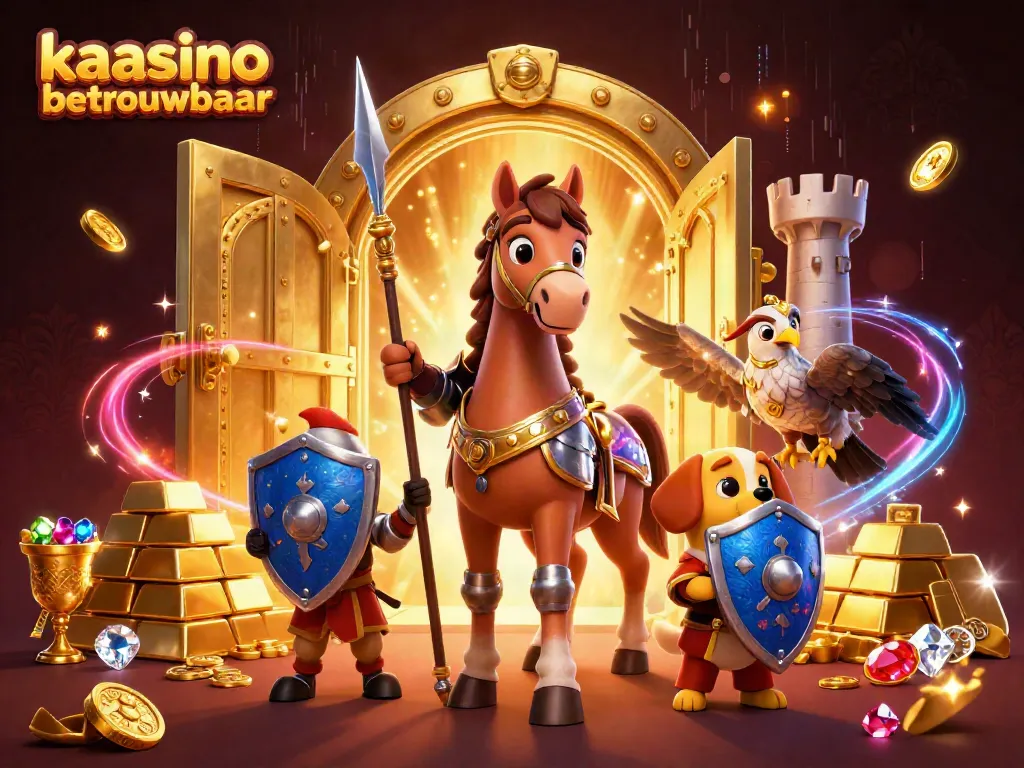 Experience kaasino betrouwbaar with a knight, puppy, and falcon amid treasures and gaming icons.