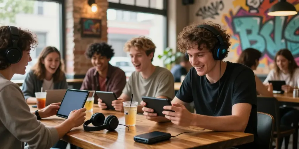 Engaged gamer playing rokok88 apk at a lively café with friends.