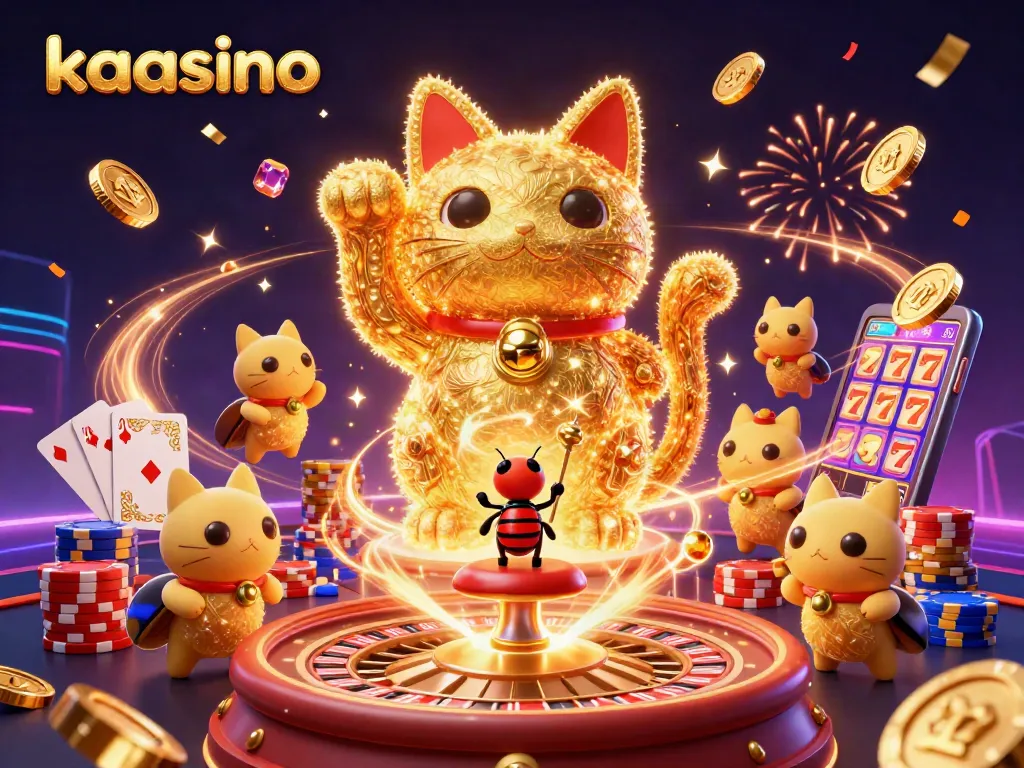 Kaasino brings fortune with a vibrant lucky cat and dynamic casino symbols illustration for gamblers.