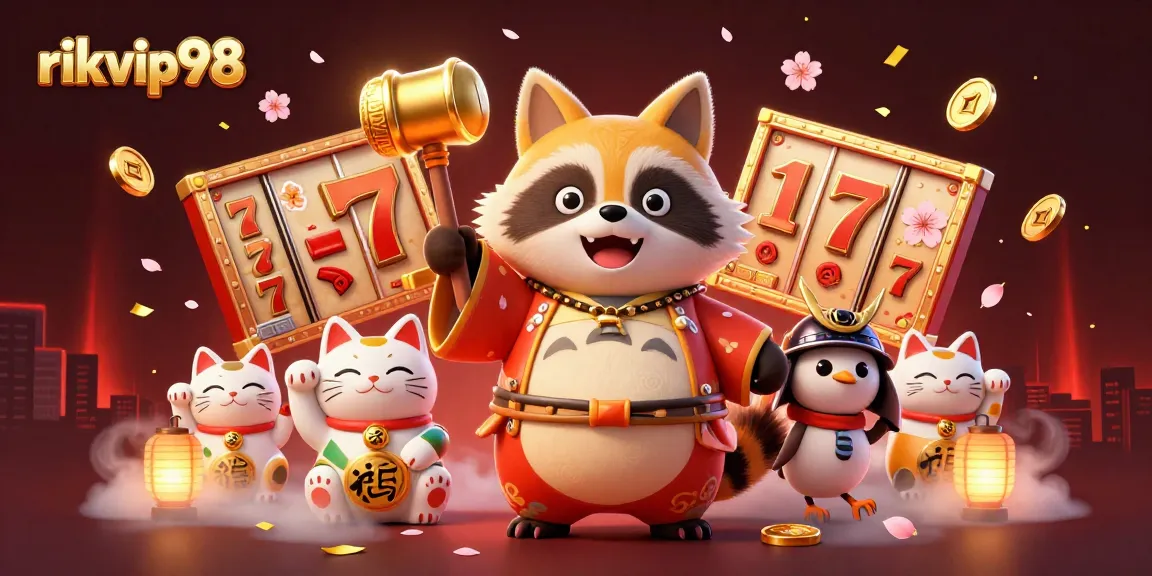Engage with rikvip98's vibrant slots scene featuring a cheerful tanuki and lucky symbols in action.