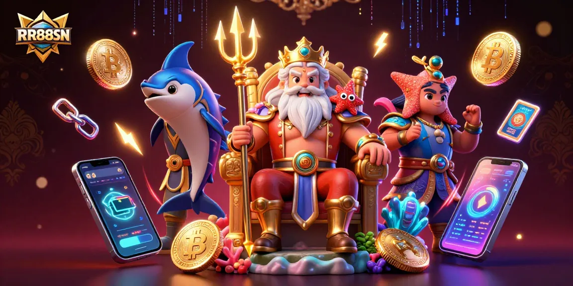 Engage with RR88SN's vibrant casino experience showcasing 3D characters amidst glowing crypto coins.