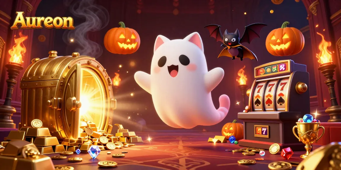 Aureon offers thrilling gaming action with a ghost cat and bat in a vibrant casino scene.