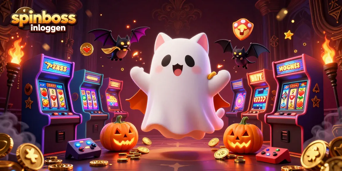 Experience the excitement of spinboss inloggen with a lively illustration showcasing ghostly characters in a vibrant casino.